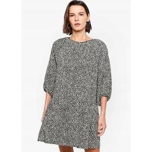 Zara Black White Polka Dot Tiered Babydoll Mini‎ Dress 3/4 Puff Sleeves - Size L